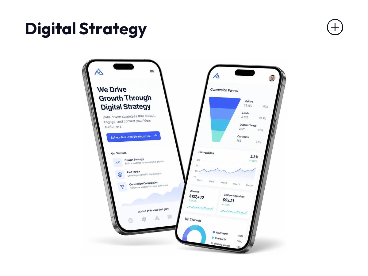 Two phones showing a digital strategy landing page and conversion funnel analytics