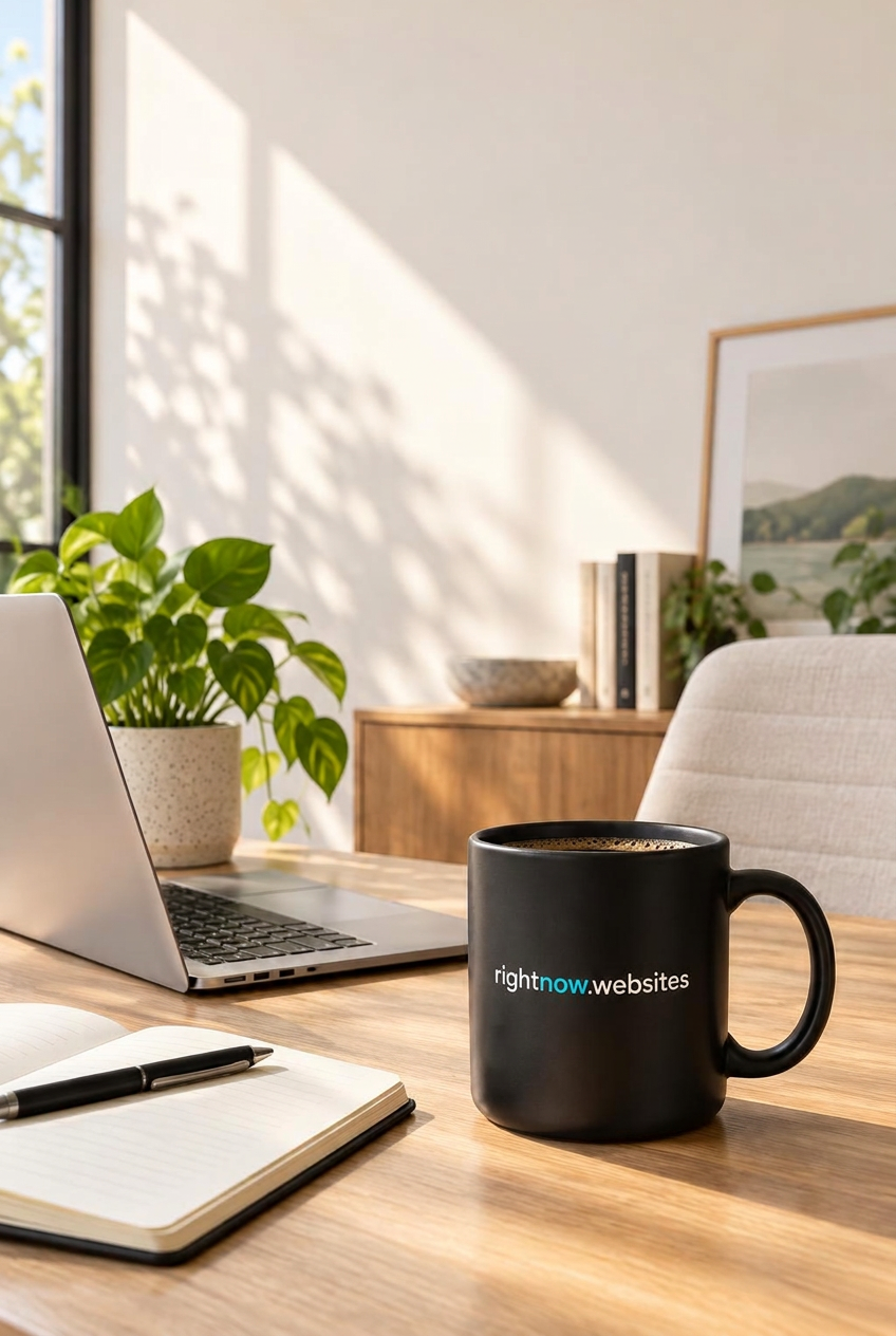 A sunlit Right Now Websites studio desk with a branded coffee mug