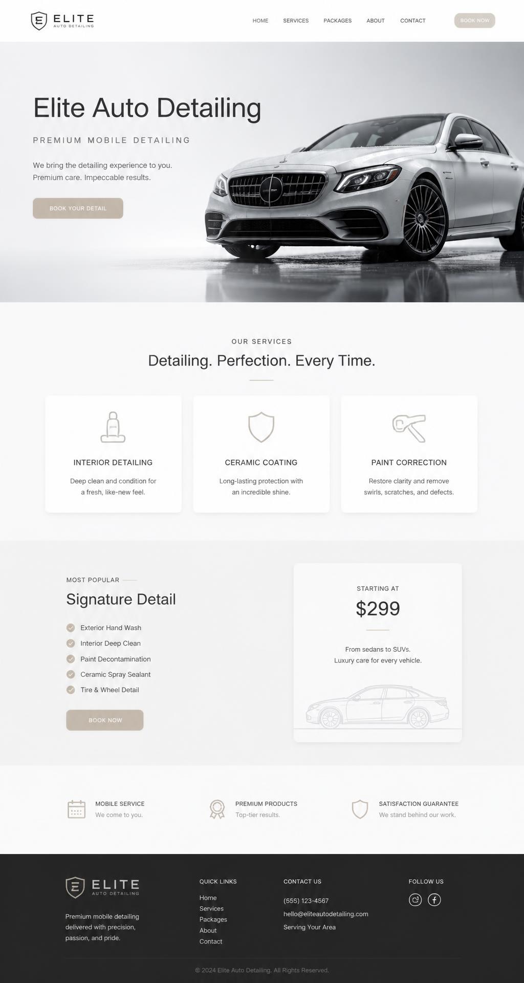 Premium dark navy auto detailing website with luxury car, service packages and pricing