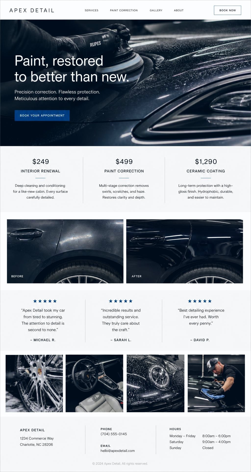 Premium auto detailing website with paint correction photography, service pricing and before-and-after gallery