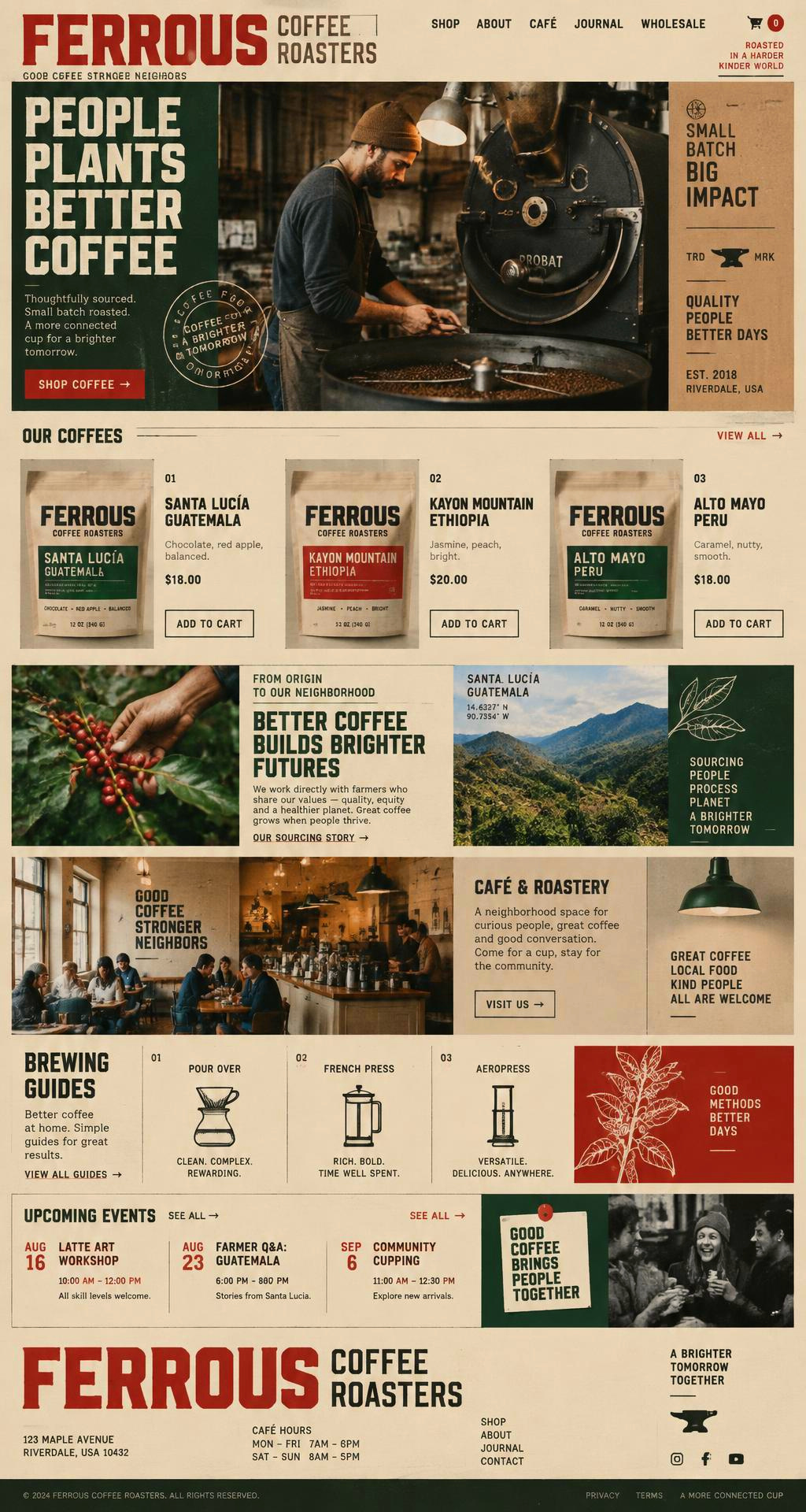 Independent coffee roaster website with editorial serif typography, single-origin bag lineup, roastery photography and cafe hours