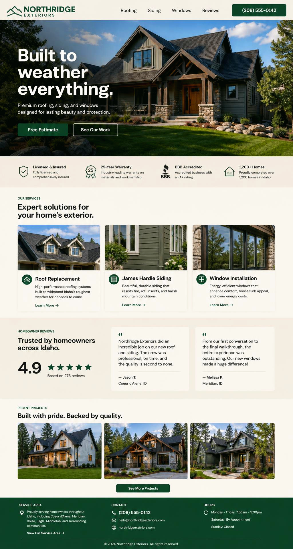Home exterior services website with roofing photography, trust badges, services and homeowner reviews
