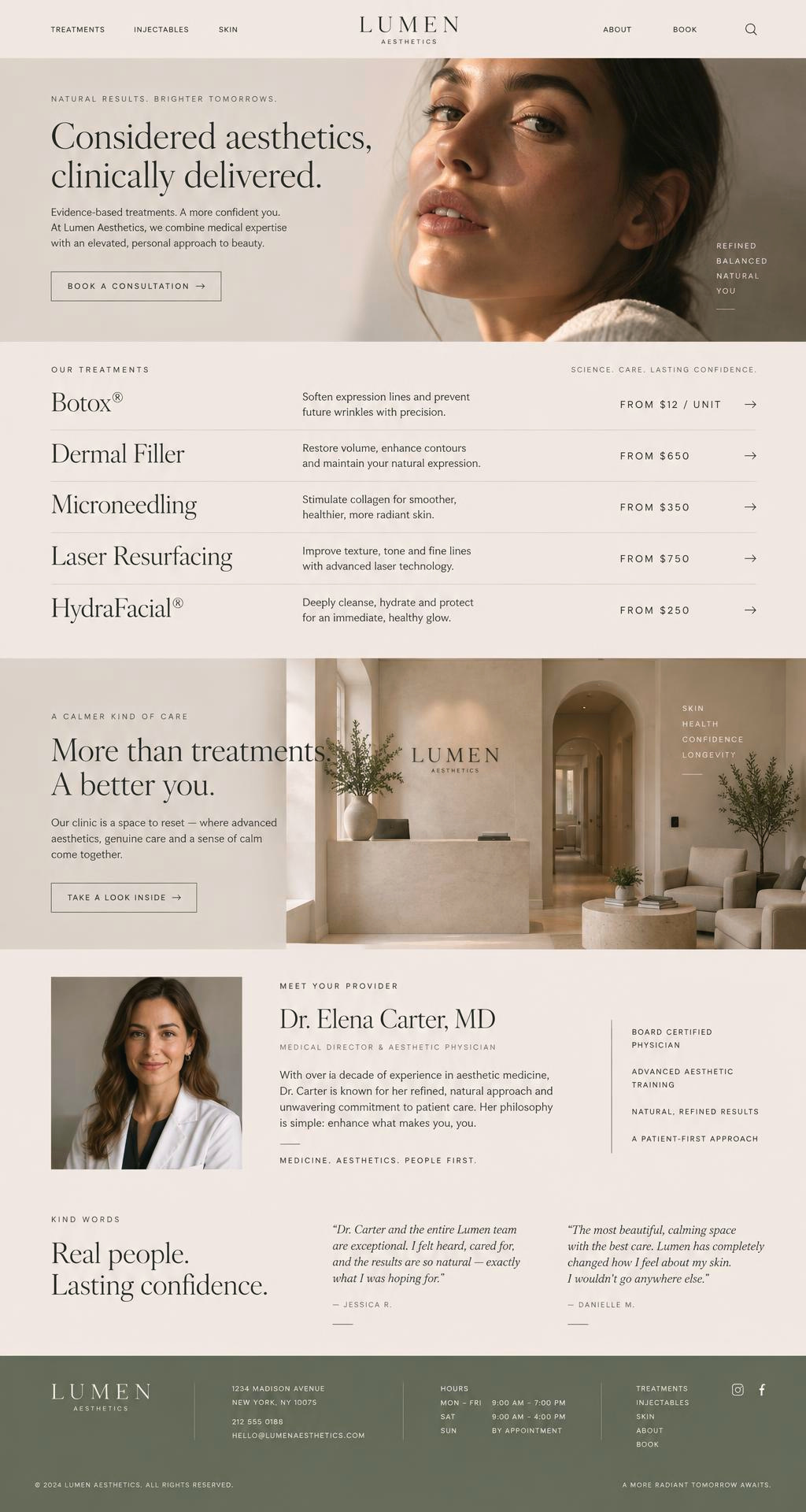Luxury med spa website with soft editorial photography, typographic treatment and pricing list, provider bio and patient testimonials