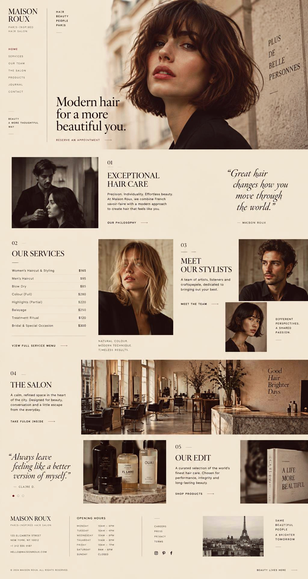 Editorial hair salon website with portrait photography, service price menu and stylist team