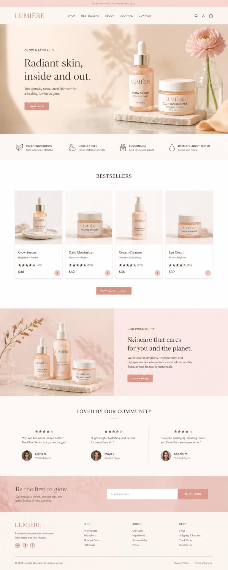 Soft blush and beige skincare store website with product grid and testimonials